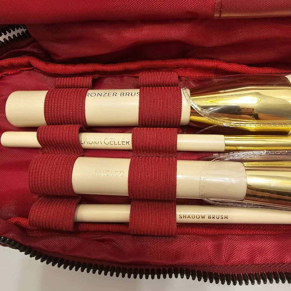 Laura Geller Quilted Burgundy Makeup Bag and 4 Piece Professional Brush Set Gold